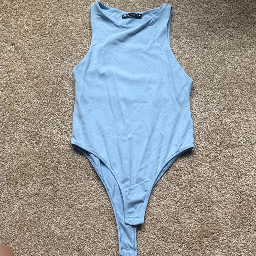 Zara Light Blue High Neck Bodysuit Size Small